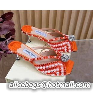 Cheap Jimmy Choo Siva Heel Slides Sandal 6.5cm in Strass and Pearls Orange 1210154 2026