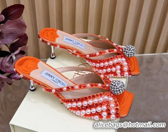 Cheap Jimmy Choo Siva Heel Slides Sandal 6.5cm in Strass and Pearls Orange 1210154 2026