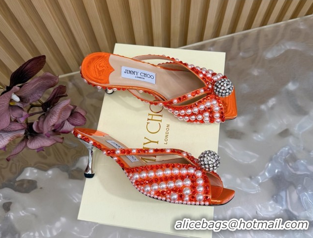 Cheap Jimmy Choo Siva Heel Slides Sandal 6.5cm in Strass and Pearls Orange 1210154 2026