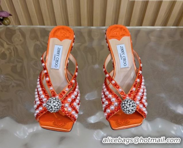 Cheap Jimmy Choo Siva Heel Slides Sandal 6.5cm in Strass and Pearls Orange 1210154 2026