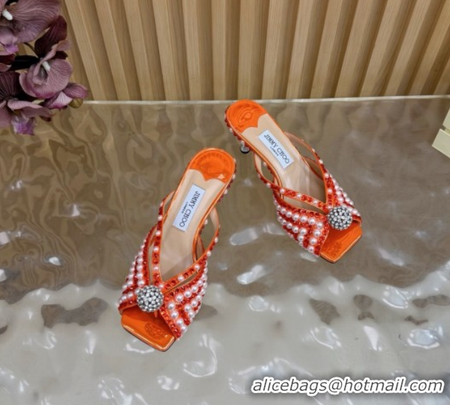 Cheap Jimmy Choo Siva Heel Slides Sandal 6.5cm in Strass and Pearls Orange 1210154 2026
