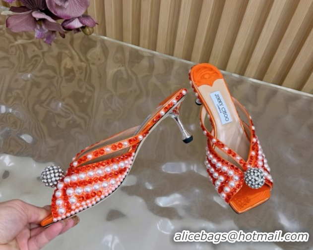 Cheap Jimmy Choo Siva Heel Slides Sandal 6.5cm in Strass and Pearls Orange 1210154 2026