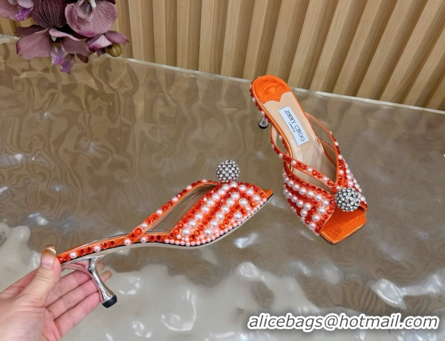 Cheap Jimmy Choo Siva Heel Slides Sandal 6.5cm in Strass and Pearls Orange 1210154 2026