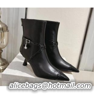Best Grade Jimmy Choo Aren Heel Ankle Boots 6.5cm in Lambskin and Patent Calfskin Leather with Pear Straps Black 1211002
