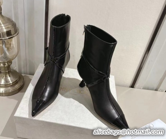 Best Grade Jimmy Choo Aren Heel Ankle Boots 6.5cm in Lambskin and Patent Calfskin Leather with Pear Straps Black 1211002