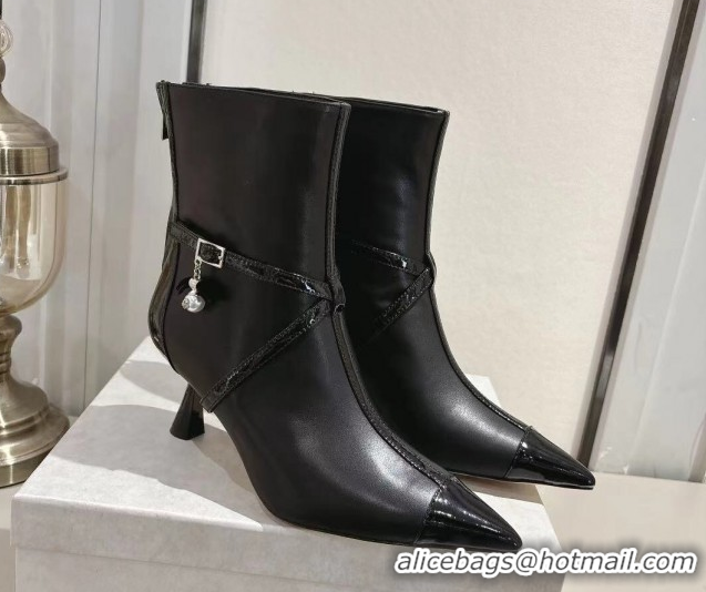 Best Grade Jimmy Choo Aren Heel Ankle Boots 6.5cm in Lambskin and Patent Calfskin Leather with Pear Straps Black 1211002