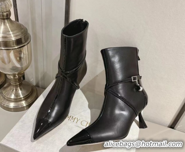 Best Grade Jimmy Choo Aren Heel Ankle Boots 6.5cm in Lambskin and Patent Calfskin Leather with Pear Straps Black 1211002