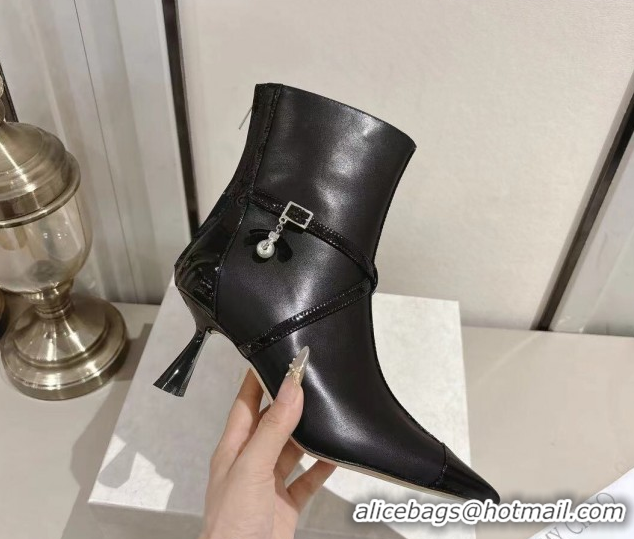 Best Grade Jimmy Choo Aren Heel Ankle Boots 6.5cm in Lambskin and Patent Calfskin Leather with Pear Straps Black 1211002