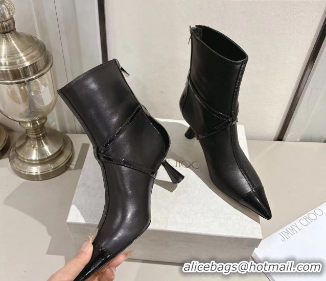 Best Grade Jimmy Choo Aren Heel Ankle Boots 6.5cm in Lambskin and Patent Calfskin Leather with Pear Straps Black 1211002