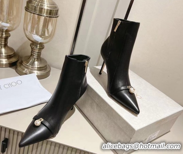 Jimmy Choo Calfskin Leather Heel Ankle Boots 8.5cm with Pearl Black 1211009 2026
