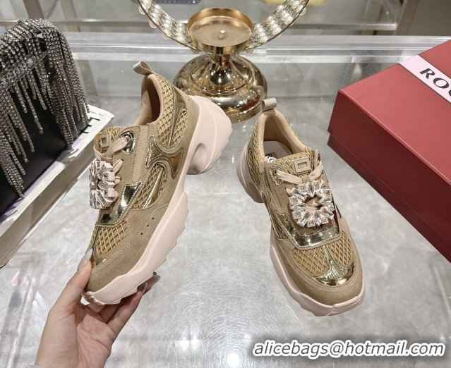 Grade Quality Roger Vivier Viv' on the Run Sneakers in Leather & Mesh with Strass Buckle 01 Brown 5112211