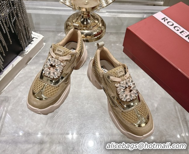 Grade Quality Roger Vivier Viv' on the Run Sneakers in Leather & Mesh with Strass Buckle 01 Brown 5112211