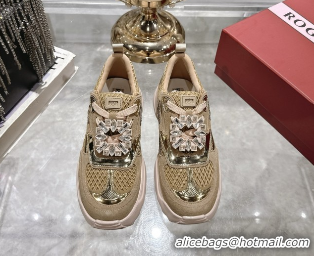 Grade Quality Roger Vivier Viv' on the Run Sneakers in Leather & Mesh with Strass Buckle 01 Brown 5112211