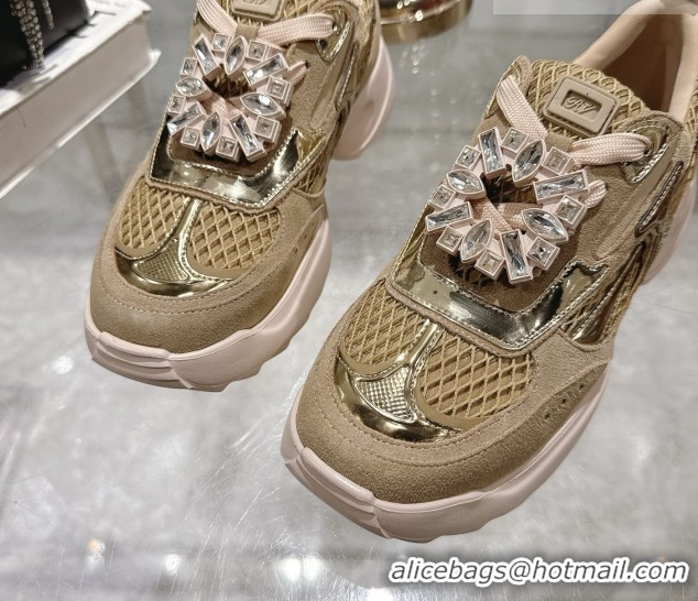Grade Quality Roger Vivier Viv' on the Run Sneakers in Leather & Mesh with Strass Buckle 01 Brown 5112211