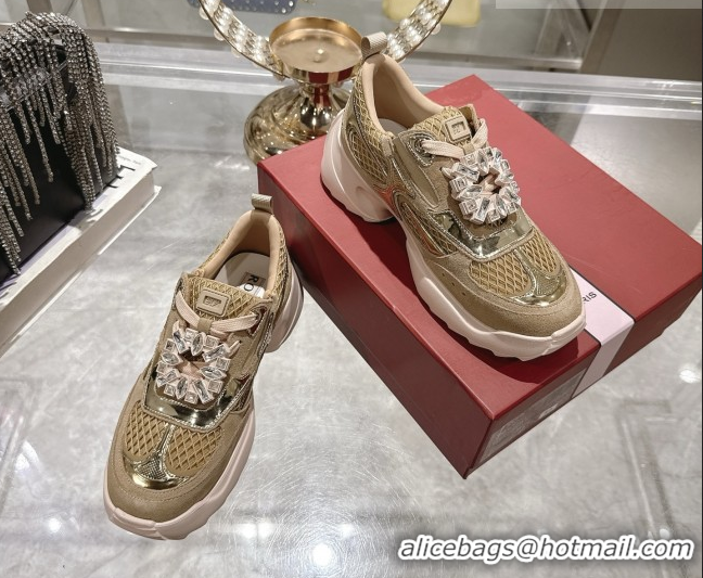 Grade Quality Roger Vivier Viv' on the Run Sneakers in Leather & Mesh with Strass Buckle 01 Brown 5112211