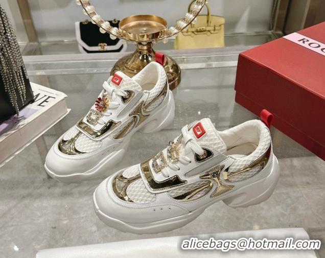 Classic Hot Roger Vivier Viv' on the Run Sneakers in Leather & Mesh with Strass Buckle 05 White/Gold 5112215 2026