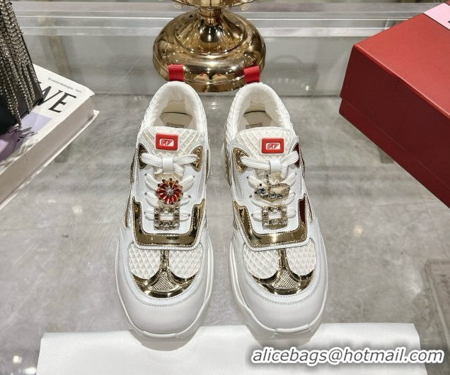 Classic Hot Roger Vivier Viv' on the Run Sneakers in Leather & Mesh with Strass Buckle 05 White/Gold 5112215 2026