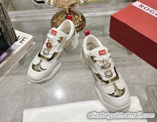 Classic Hot Roger Vivier Viv' on the Run Sneakers in Leather & Mesh with Strass Buckle 05 White/Gold 5112215 2026