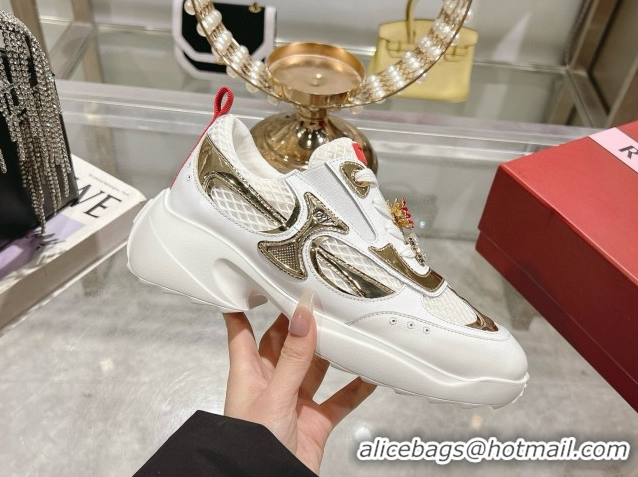 Classic Hot Roger Vivier Viv' on the Run Sneakers in Leather & Mesh with Strass Buckle 05 White/Gold 5112215 2026