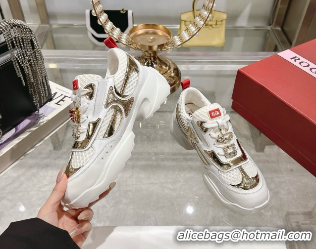 Classic Hot Roger Vivier Viv' on the Run Sneakers in Leather & Mesh with Strass Buckle 05 White/Gold 5112215 2026