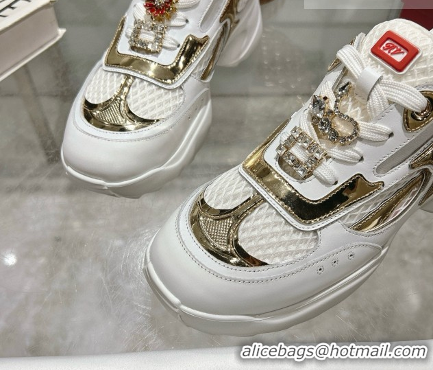 Classic Hot Roger Vivier Viv' on the Run Sneakers in Leather & Mesh with Strass Buckle 05 White/Gold 5112215 2026
