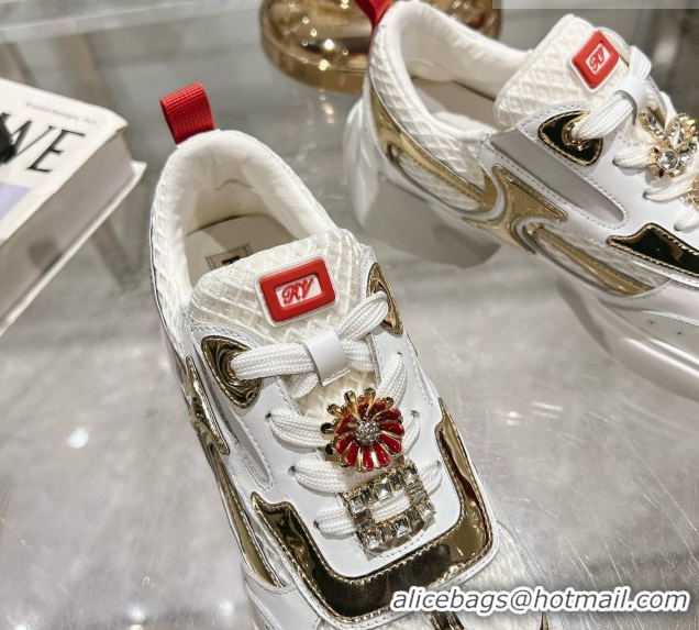 Classic Hot Roger Vivier Viv' on the Run Sneakers in Leather & Mesh with Strass Buckle 05 White/Gold 5112215 2026