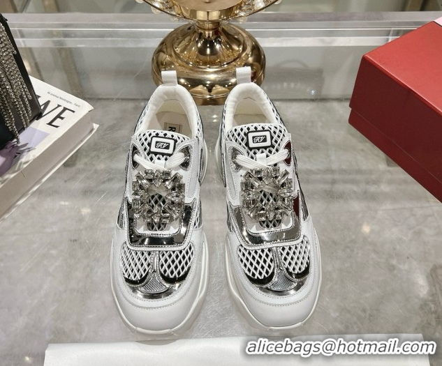 Good Looking Roger Vivier Viv' on the Run Sneakers in Leather & Mesh with Strass Buckle 06 Silver 5112216 2026