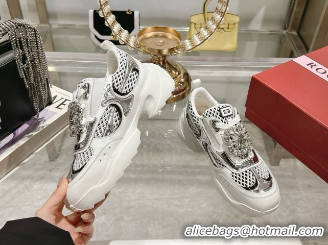 Good Looking Roger Vivier Viv' on the Run Sneakers in Leather & Mesh with Strass Buckle 06 Silver 5112216 2026