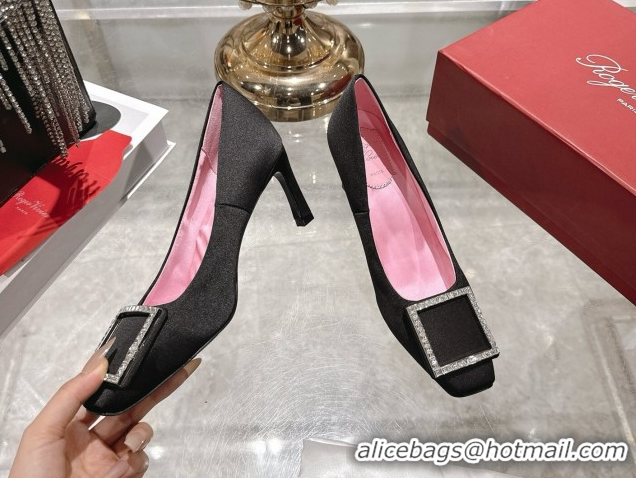 Good Quality Roger Vivier Trompette Pumps 7cm in Satin and Strass Buckle Black RV121101 1211108 2026