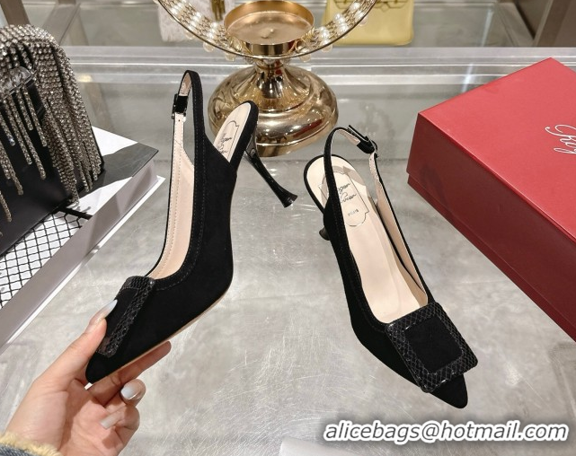 Luxury Roger Vivier Viv' In The City Slingbacks Pump 8.5cm in Suede and Snakeskin Embossed Buckle Black RV121104 1211125