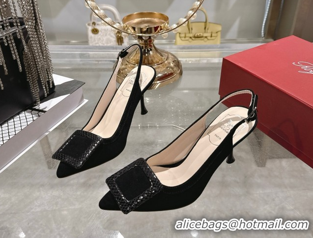 Luxury Roger Vivier Viv' In The City Slingbacks Pump 8.5cm in Suede and Snakeskin Embossed Buckle Black RV121104 1211125