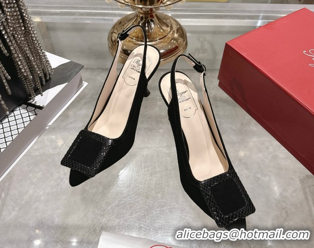 Luxury Roger Vivier Viv' In The City Slingbacks Pump 8.5cm in Suede and Snakeskin Embossed Buckle Black RV121104 1211125