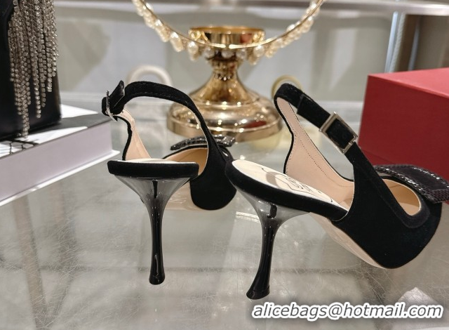 Luxury Roger Vivier Viv' In The City Slingbacks Pump 8.5cm in Suede and Snakeskin Embossed Buckle Black RV121104 1211125