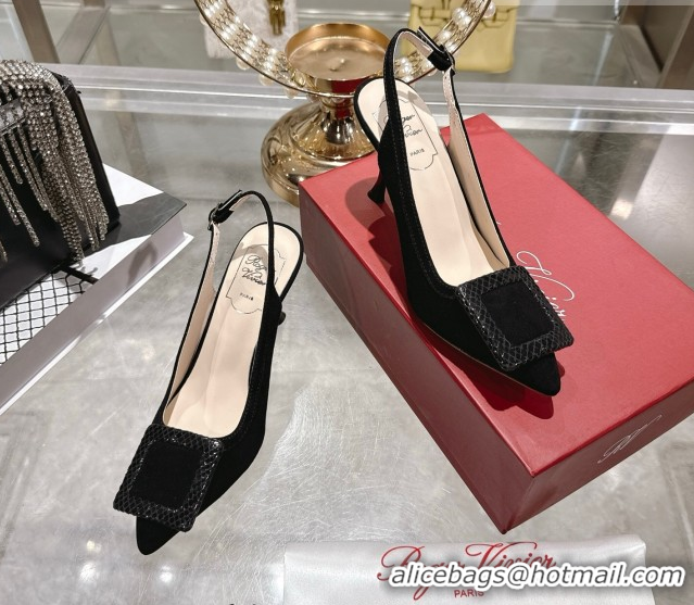 Luxury Roger Vivier Viv' In The City Slingbacks Pump 8.5cm in Suede and Snakeskin Embossed Buckle Black RV121104 1211125