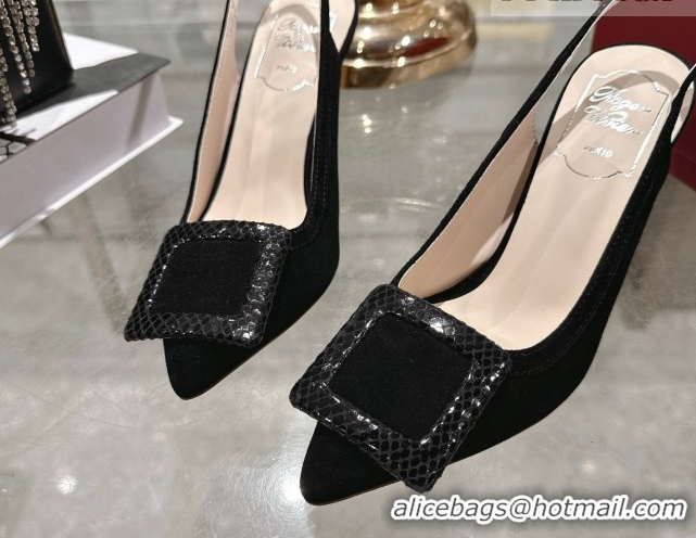 Luxury Roger Vivier Viv' In The City Slingbacks Pump 8.5cm in Suede and Snakeskin Embossed Buckle Black RV121104 1211125