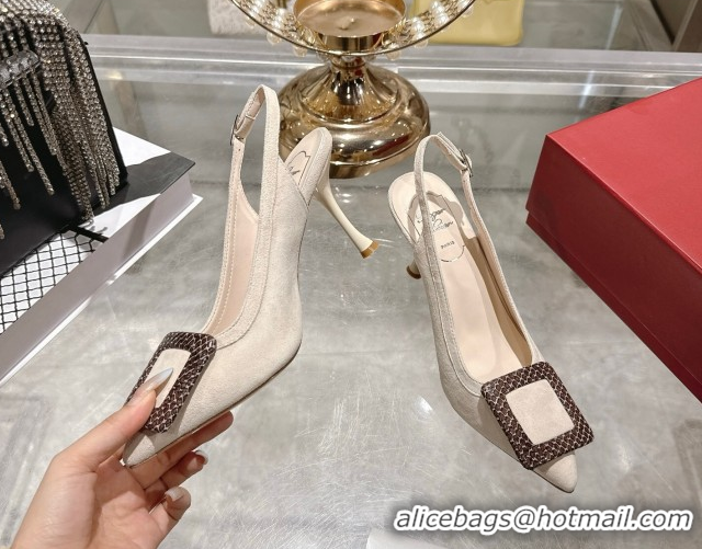 Top Design Roger Vivier Viv' In The City Slingbacks Pump 8.5cm in Suede and Snakeskin Embossed Buckle Nude RV121104 1211