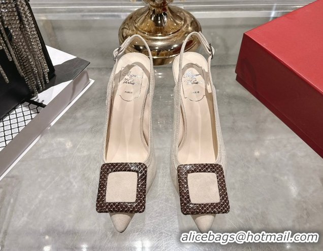 Top Design Roger Vivier Viv' In The City Slingbacks Pump 8.5cm in Suede and Snakeskin Embossed Buckle Nude RV121104 1211