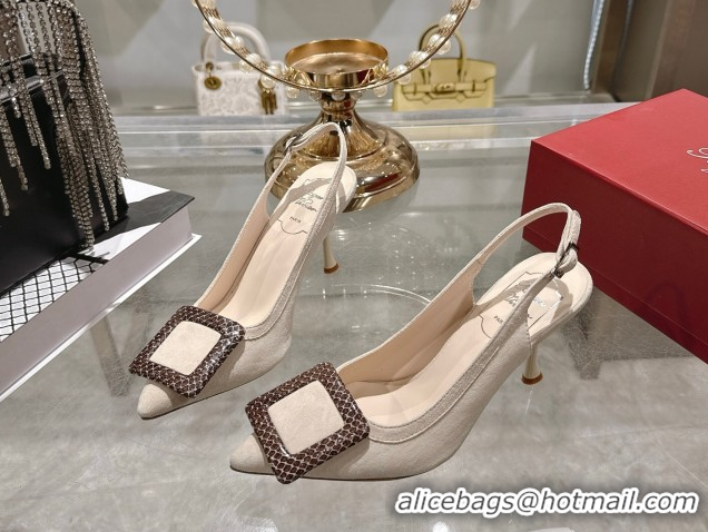 Top Design Roger Vivier Viv' In The City Slingbacks Pump 8.5cm in Suede and Snakeskin Embossed Buckle Nude RV121104 1211