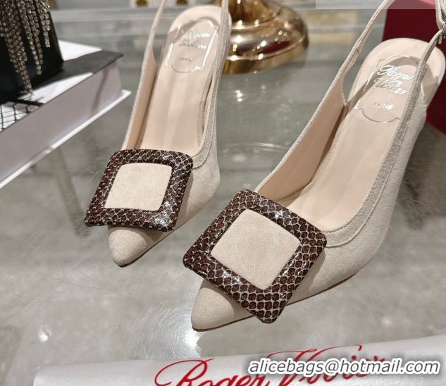 Top Design Roger Vivier Viv' In The City Slingbacks Pump 8.5cm in Suede and Snakeskin Embossed Buckle Nude RV121104 1211