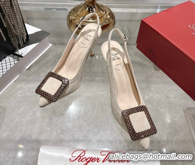 Top Design Roger Vivier Viv' In The City Slingbacks Pump 8.5cm in Suede and Snakeskin Embossed Buckle Nude RV121104 1211