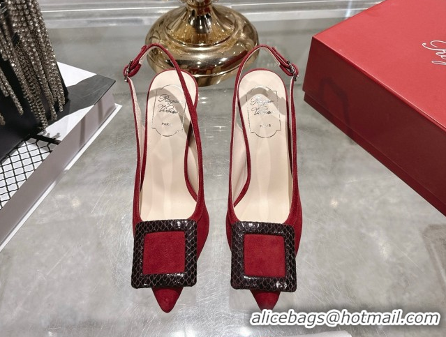 Sophisticated Roger Vivier Viv' In The City Slingbacks Pump 8.5cm in Suede and Snakeskin Embossed Buckle Red RV121104 12