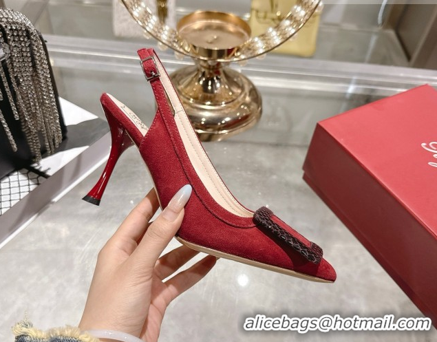 Sophisticated Roger Vivier Viv' In The City Slingbacks Pump 8.5cm in Suede and Snakeskin Embossed Buckle Red RV121104 12