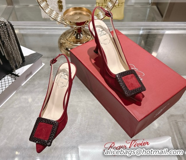 Sophisticated Roger Vivier Viv' In The City Slingbacks Pump 8.5cm in Suede and Snakeskin Embossed Buckle Red RV121104 12