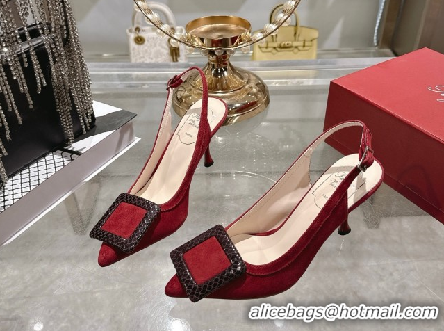 Sophisticated Roger Vivier Viv' In The City Slingbacks Pump 8.5cm in Suede and Snakeskin Embossed Buckle Red RV121104 12