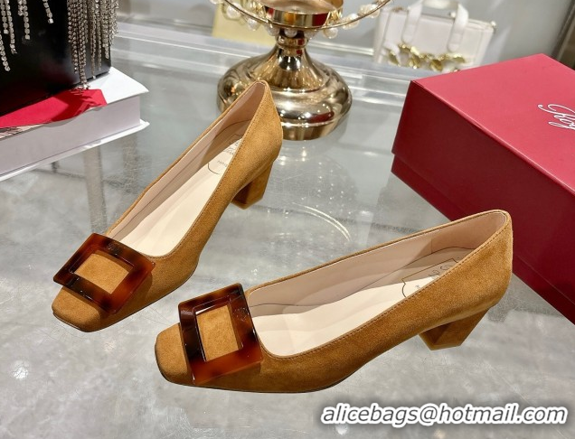 Pretty Style Roger Vivier Belle Vivier Pumps 4.5cm in Suede and Tortoiseshell Printed Buckle Beige Yellow RV121105 12111