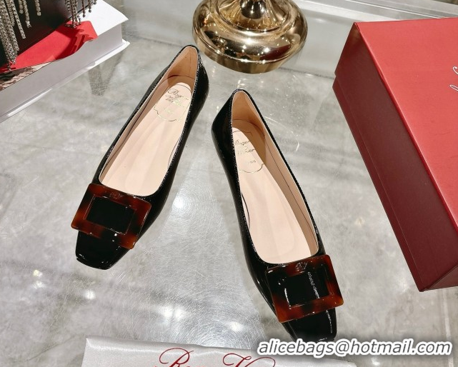 Unique Style Roger Vivier Belle Vivier Ballerinas Flat in Patent Leather and Tortoiseshell Printed Buckle Black RV12110