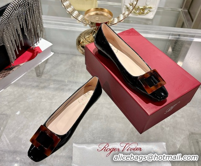 Unique Style Roger Vivier Belle Vivier Ballerinas Flat in Patent Leather and Tortoiseshell Printed Buckle Black RV12110