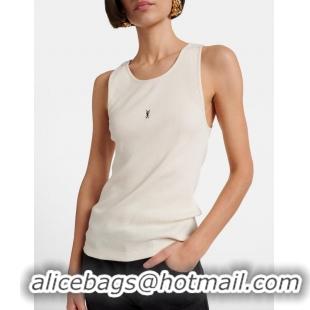 ​Low Cost Saint Laurent Cassandre Ribbed-knit Cotton Tank Top Y8956 White