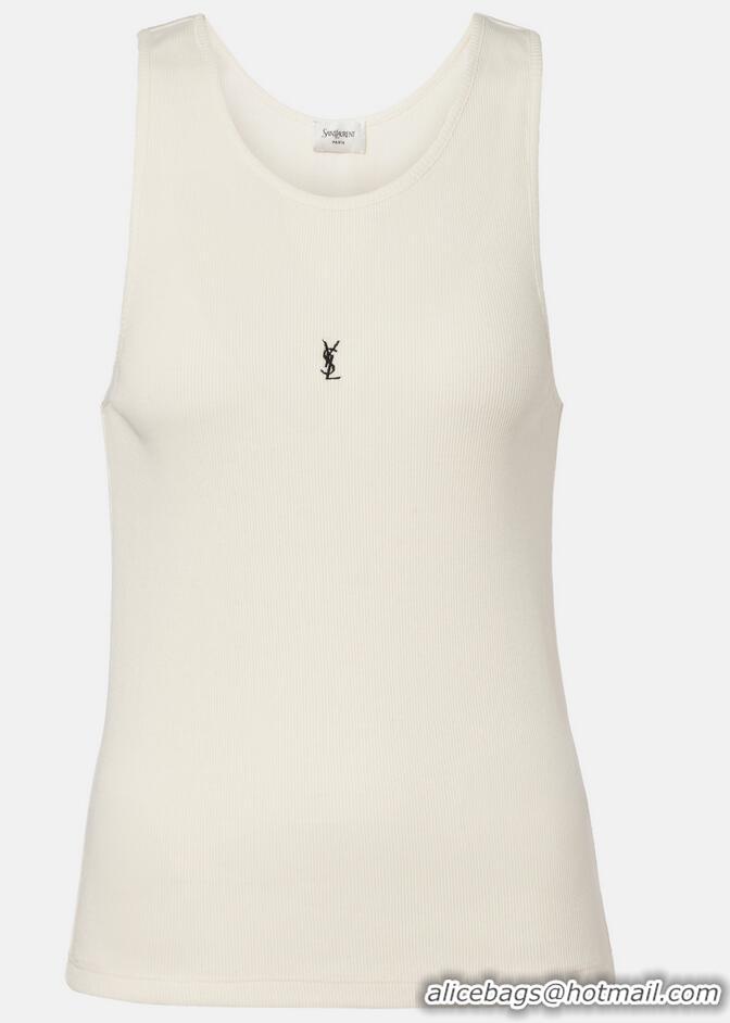 ​Low Cost Saint Laurent Cassandre Ribbed-knit Cotton Tank Top Y8956 White
