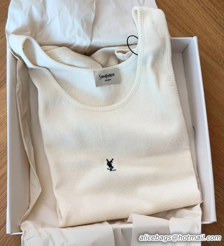 ​Low Cost Saint Laurent Cassandre Ribbed-knit Cotton Tank Top Y8956 White